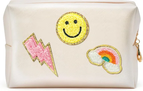 Vista 7 de LieToi - Bolsa de aseo pequeña con parche preparado, sonrisa, relámpago, corazón, arcoíris, de piel sintética, bolsa de maquillaje impermeable Azul