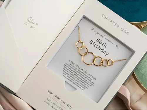 Vista 3 de HOPE LOVE SHINE Birthday Necklace Fashion Jewelry 16+2", 14K Gold Plated Sterling Silver with 3 Interlocking Rings, Hypoallergenic and Comfortable