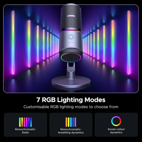 Vista 4 de UGREEN Micrófono para PC, micrófono USB con luces RGB, botón de silencio, 24bit/96kHz, patrón polar cardioide, control de volumen, micrófono