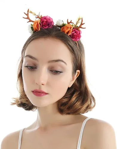 Vista 3 de Wiwpar Antlers - Diadema de ciervo, corona de pelo floral, festival y Navidad, bonito accesorio para mujeres y niñas (naranja)