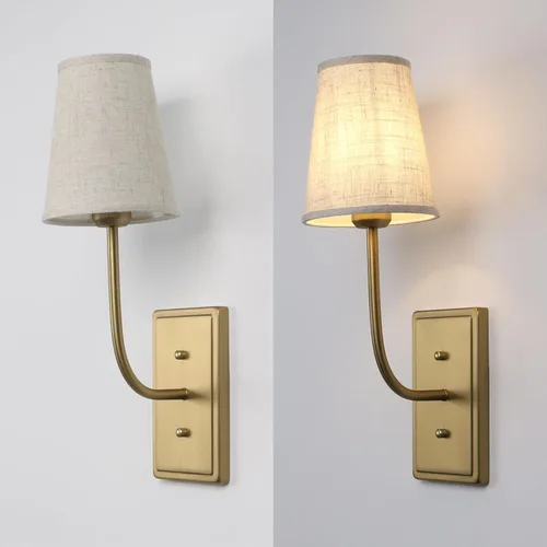Vista 5 de Aplique de pared de latón de granja, 1 luz, pantalla de tela de lino, lámpara de pared interior con cable para dormitorio, sala de estar, tocador