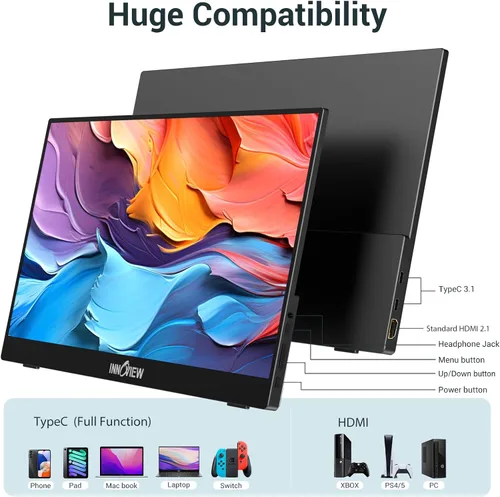 Vista 8 de InnoView Monitor portátil, 15.6 pulgadas FHD 1080P HDMI USB C segundo monitor externo para computadora portátil, escritorio, MacBook, teléfonos