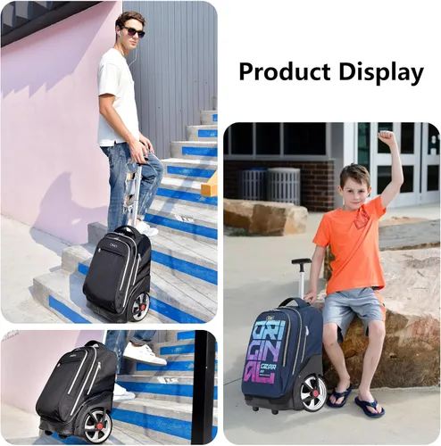 Vista 18 de NEW TILAMI Mochila con ruedas de 19 pulgadas con bolsa de almuerzo para niñas y niños, mochila para laptop con ruedas, bolsa de mano duradera