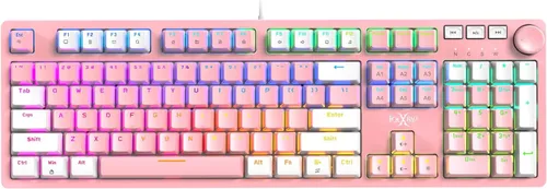 Vista 10 de FOXXRAY HKM-95 Teclado mecánico con cable para juegos, retroiluminado RGB de tamaño completo con perilla de control de medios, interruptores azules