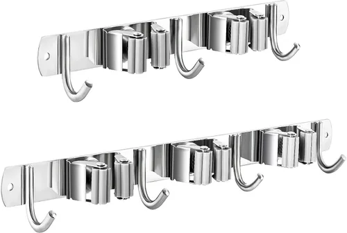 Vista 8 de Soporte para escoba y trapeador montado en la pared, estante de almacenamiento para escobas, colgador de trapeador de acero inoxidable, soportes