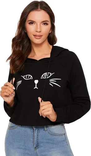 Vista 6 de Sudadera SweatyRocks corta con capucha, manga larga, con estampado de gato, para mujer