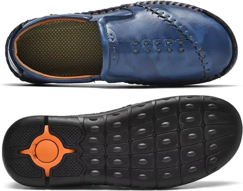 Vista 5 de MCEMACHI Mocasines de cuero para hombre, sin cordones, costuras a mano, zapatos casuales de moda para conducir Arkget para hombre. Incluye plantilla