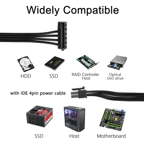 Vista 7 de YACSEJAO Cable divisor de alimentación SATA Mini de 4 pines a 2 pines en ángulo recto de 15 pines para HDD, SSD, unidades ópticas, cable