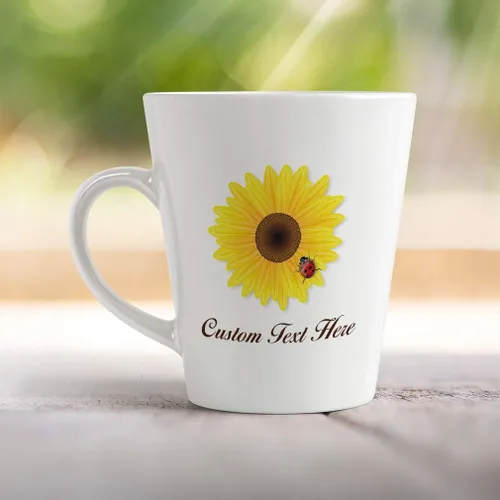 Vista 3 de Taza de café con leche personalizada de cerámica Taza de girasol y mariquita Naturaleza Flores y plantas Taza de té 12 Oz Texto personalizado aquí