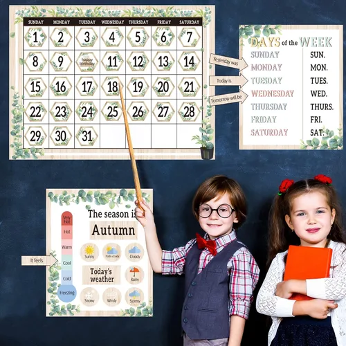 Vista 4 de Juego de tablones de anuncios con calendario de vegetación para el aula, simplemente eucalipto, decoración de aula, calendario, estaciones, tabla