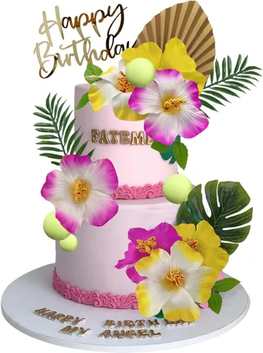 Vista 3 de 25 decoraciones de pastel hawaiano para decoración de pasteles de verano con bonitas figuras y hojas de palmera de flores de hibisco para fiestas