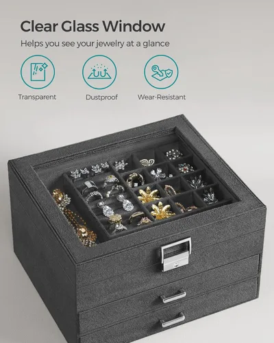 Vista 3 de SONGMICS Joyero, organizador de almacenamiento de joyas con cerradura, caja de joyería con ventana de cristal, para anillos, aretes, tachuelas