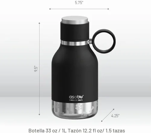 Vista 5 de Botella Buddy de Asobu, una botella de agua aislada de acero inoxidable con cuenco de agua removible para perros y cuenco de almacenamiento