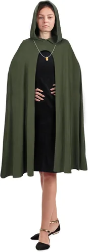 Vista 6 de Hercicy Disfraz de Halloween de 3 piezas, incluye capa verde renacentista con capucha, capa de bruja con capucha, anillo dorado, cadena de collar