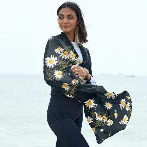 Vista 6 de Bufandas de seda con estampado de margaritas y flores silvestres, bufanda larga de gasa para mujer, Multi