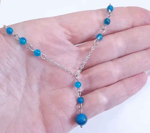 Vista 2 de Natural Crystal Bead Blue Agate Stone Y Shaped Lariat Necklace Non-Tarnish Steel Chain