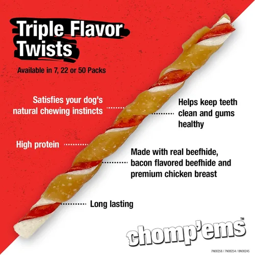 Vista 4 de Palitos giratorios de cuero crudo de triple sabor – Masticables para perros de piel de res, 50