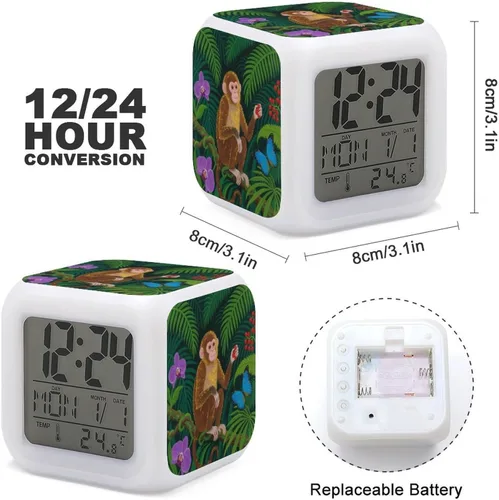 Vista 2 de Cute Monkey Print Alarm Clock with 7 Color Changing Night Light OK to Wake Clocks with Temperature Display Sleep Training and Sound Machine Sleep