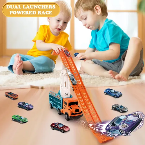 Vista 4 de Juguetes de camión para niños pequeños, camión transportador de automóvil de juguete para niños de 3 a 5 4 a 8 años, juegos de pista de autos Naranja
