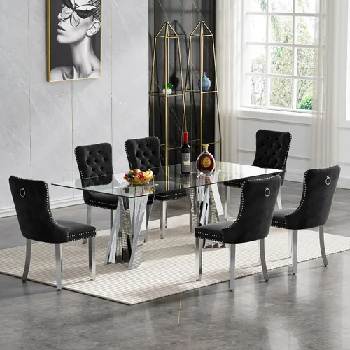 Vista 24 de Juego de mesa de comedor de cristal dorado moderno de 70 pulgadas para 4, juego de mesa rectangular de comedor de cocina de 5 piezas con base