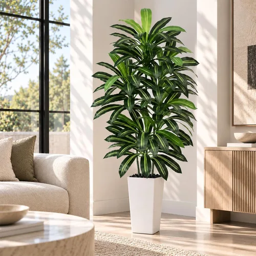 Vista 18 de Árbol de Dracaena artificial rojo de 6 pies, plantas falsas altas Hoja blanco-roja