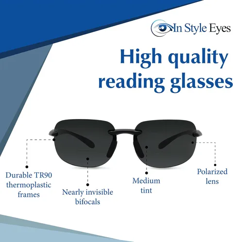 Vista 3 de In Style Eyes Lovin Mawi - Lentes de sol bifocales envolventes, lentes de lectura sin montura con protección UV, lente polarizada, color negro, 2.0x