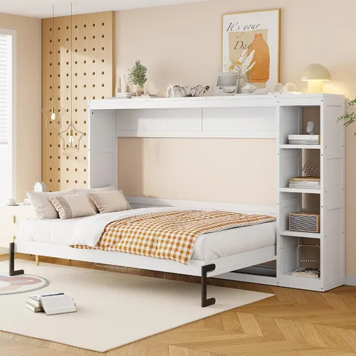 Vista 29 de Cama Murphy de tamaño matrimonial con estación de carga, marco de cama de pared de madera que ahorra espacio se puede plegar, armario de cama cubo