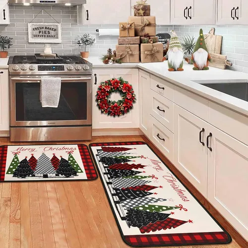 Vista 11 de Alfombras de cocina de cuadros de búfalo con gnomos de árbol negros, juego de 2, Merry Christmas, decoración de piso de perfil bajo para fiestas