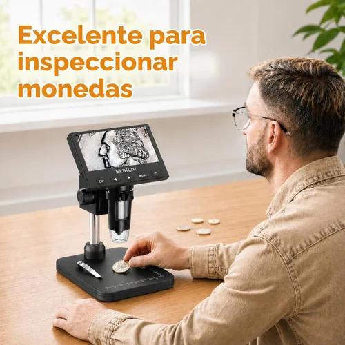 Vista 2 de Elikliv Microscopio para monedas, microscopio digital LCD de 4.3 pulgadas, 1000x, lupa de monedas con 8 luces LED ajustables, vista de PC compatible