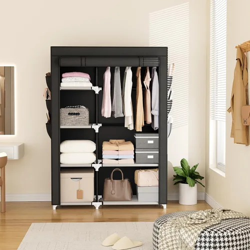 Vista 2 de VTRIN Armario Ropero, 41.7 Pulgadas de Ancho Armarios Portátiles para Colgar Ropa con 1 Barra para Colgar, 6 Estantes, 6 Bolsillos, Perchero