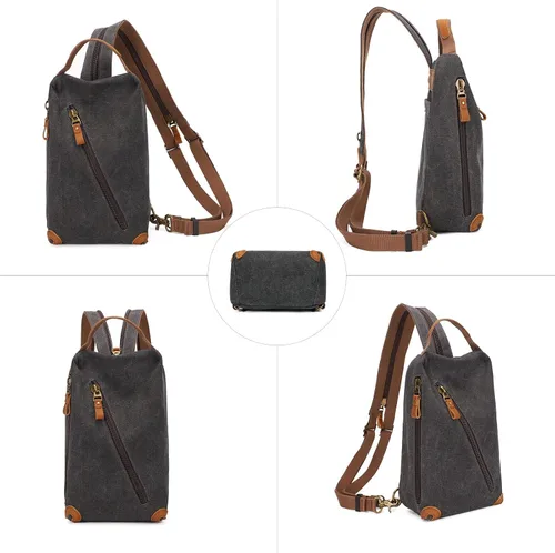 Vista 5 de KL928 Bolso bandolera pequeño Mochila cruzada de lona para el hombro, mochila casual para hombres y mujeres, negro (6887-canvas-black), Mochilas