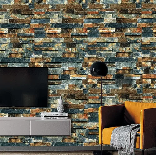 Vista 2 de Papel tapiz de ladrillo sintético para despegar y pegar, azul/rojo óxido, impermeable y extraíble, papel de contacto autoadhesivo para decoración