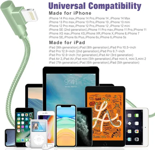 Vista 6 de Cargador para iPhone, paquete de 3 cables Lightning de 6 pies [certificado Apple MFi] Cable de carga rápida para iPhone de 90 grados, cable trenzado