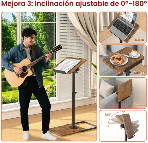 Vista 4 de Mesa de TV para sofá, altura ajustable/giro de 360°/diseño de panel abatible de 180°, mesa auxiliar lateral en forma de C, mesa lateral para brazo