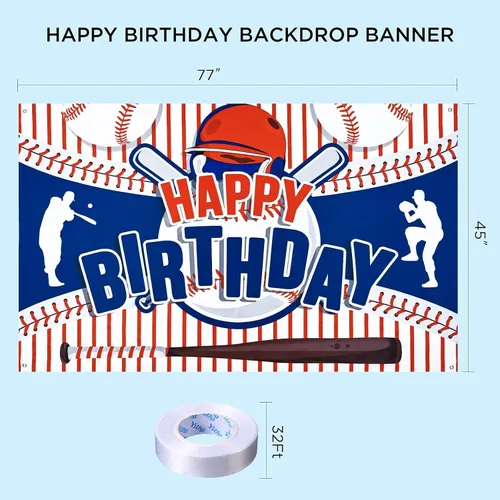 Vista 5 de Decoraciones de fiesta de béisbol con texto en inglés «Happy Birthday» para niños, adolescentes – Cartel grande con temática deportiva