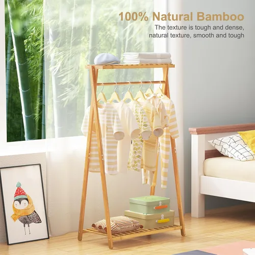 Vista 3 de Perchero de bambú para niños, pequeño estante de ropa para niños, estante de vestir para niños con 2 estantes de almacenamiento, perchero portátil