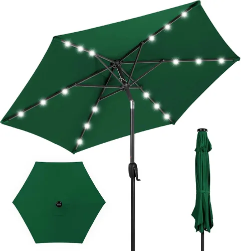 Vista 80 de Best Choice Products Sombrilla de Patio Solar de Poliéster con Luz LED de 10 pies con Ajuste de Inclinación y Tela Resistente a los Rayos UV - Gris