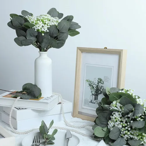 Vista 6 de Hotop 200 piezas de hojas de eucalipto mixtas a granel, vegetación artificial de dólar plateado para ramos, ramas de plantas sintéticas para bodas
