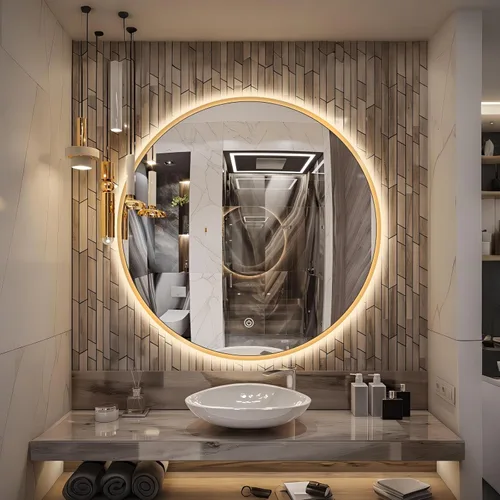 Vista 30 de Espejo de Baño LED Redondo de 24", Espejo de Tocador Retroiluminado Montado en Pared con Marco Biselado de 45°, Espejo Iluminado para Dormitorio