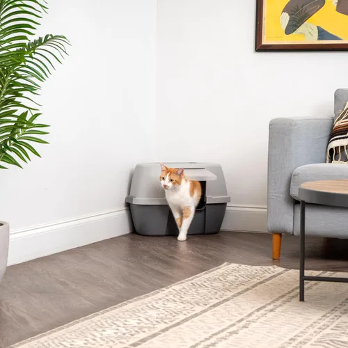 Vista 9 de IRIS USA Gabinete de caja de arena esquinera para gatos con pala, caja de arena pequeña para gatos con tapa, gabinete de caja de arena de esquina