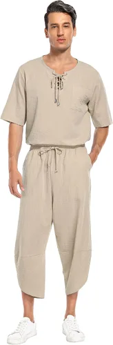 Vista 3 de Babioboa Conjunto de 2 piezas de lino para hombre, camisa hippie de manga corta y pantalones capri harén holgados para playa, pantalones de yoga