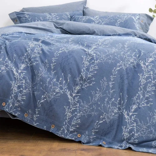 Vista 9 de Juego de funda de edredón tamaño matrimonial/queen, hilo de algodón lavado, jacquard azul y blanco, patrón de ramas gruesas, estilo floral, juego