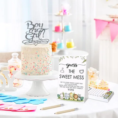 Vista 5 de Juego de 67 piezas de pañales sucios de Guess The Sweet Mess para baby shower, incluye letrero de Adivina el dulce lío, 50 tarjetas pequeñas, 10