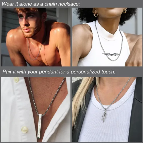 Vista 2 de SANNYRA Cadena de plata para hombre Cadenas de acero inoxidable para hombre Collar de etiqueta de perro para colgante, 0.039-0.276 in, 8-36
