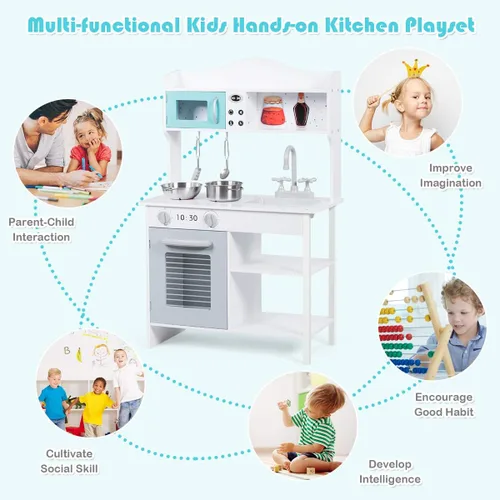 Vista 6 de Costzon Juego de cocina para niños, cocina de madera con fregadero, horno, microondas, estufa, ollas, utensilios, juego de cocina con estante