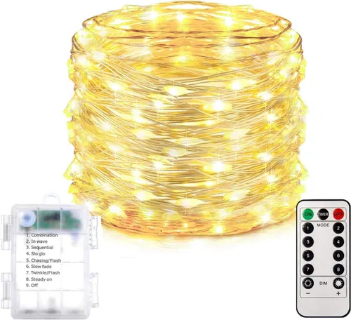 Vista 9 de Homemory Paquete de 2 guirnaldas de 100 luces LED de 33 pies, funciona con pilas, con control remoto, impermeable, 8 modos de luciérnaga, luces