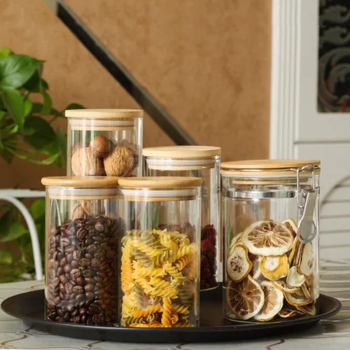 Vista 5 de Tarro de almacenamiento de vidrio con sello hermético de madera, tapa, 25 onzas, juego de 2, 25.4 fl oz de café en grano y recipiente de alimentos