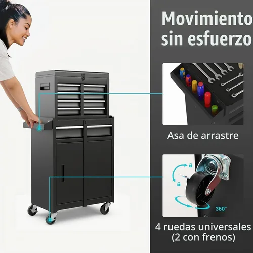 Vista 5 de Goplus Baúl de herramientas, gabinete de almacenamiento de herramientas con 5 cajones y ruedas, con parte superior desmontable, caja