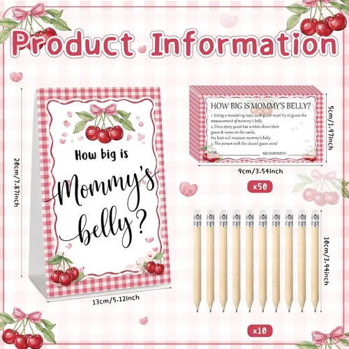 Vista 82 de Sabary 64 Piezas Juegos de Baby Shower Incluyen Letrero How Big is Mommy's Belly Sign Measure Bump Game 50 Tarjetas 10 Lápices 3 Cintas Métricas