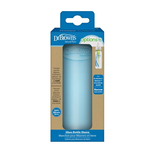 Vista 2 de Dr. Brown's Options+ Funda para botella de vidrio estrecha, 100% silicona, azul, sin BPA, 8 oz, paquete de 1